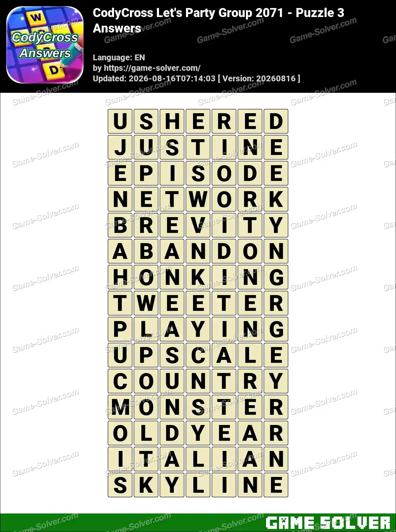 CodyCross Let’s Party Group 2071 – Puzzle 3 Answers